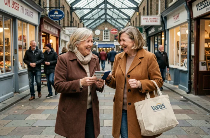 Deux femmes seniors se montrant une carte de réduction senior dans une rue commerçante, profitant des avantages et économies offerts aux retraités