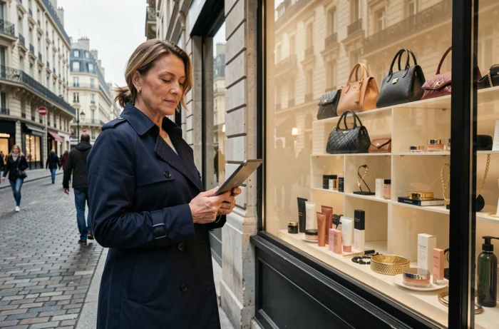 Femme chic tenant une tablette devant une vitrine de boutique remplie de produits beauté et accessoires tendance dans une rue commerçante européenne pavée
