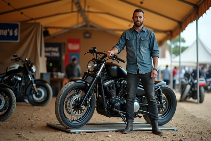 Constructeur de moto custom présentant son chopper personnalisé sous la tente d'exposition du Show Bike Montalivet