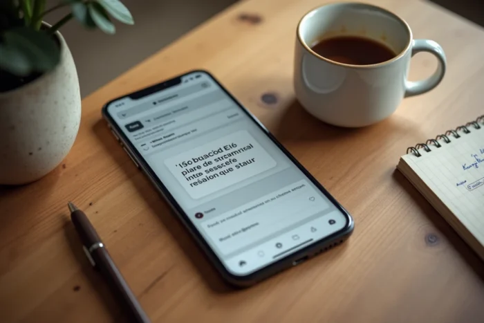 Smartphone affichant un message d'erreur sur un site de streaming bloqué posé sur une table en bois