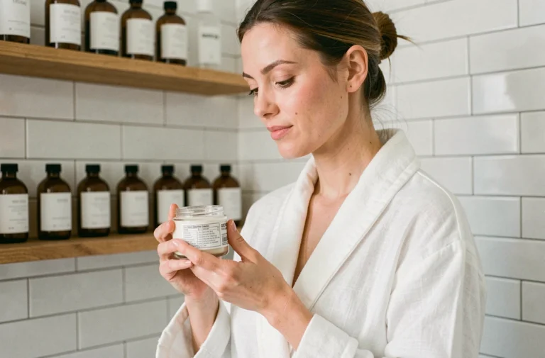 Femme lisant les ingrédients d'un soin de beauté naturel dans une salle de bain minimaliste avec des produits cosmétiques durables en verre ambré