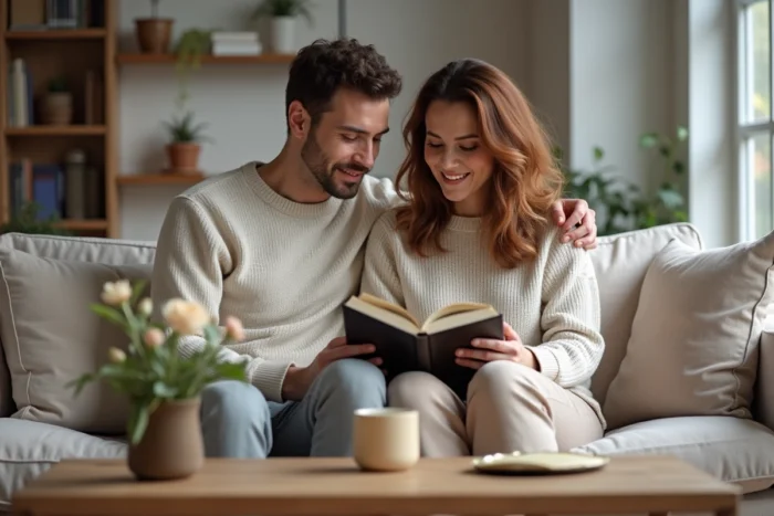 Couple lisant ensemble sur un canapé dans un salon cosy et moderne, représentant la vie intime et le quotidien partagé de Sophie Jovillard avec son compagnon actuel