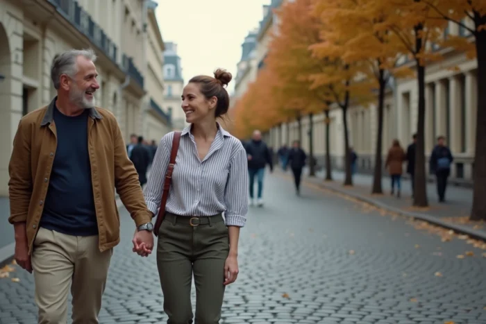 Couple se promenant main dans la main dans une rue pavée de Paris en automne, évoquant la complicité et le quotidien de Sophie Jovillard avec son compagnon