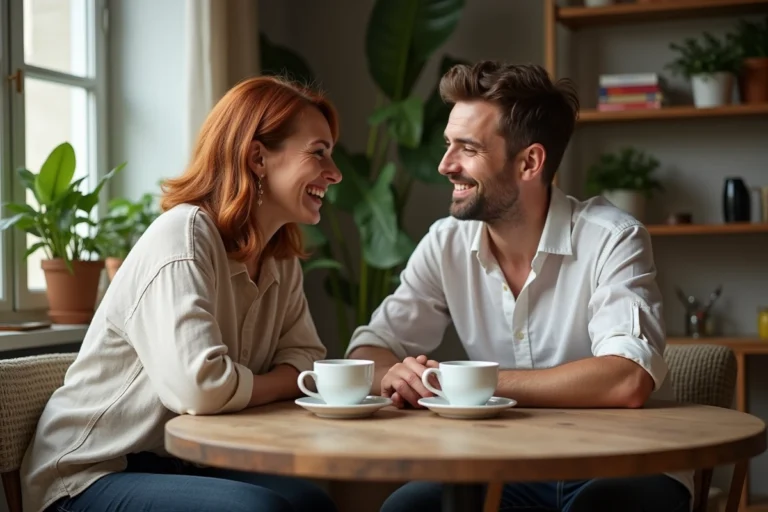 Couple partageant un moment complice autour d'un café dans un appartement parisien, illustrant la vie quotidienne de Sophie Jovillard avec son compagnon