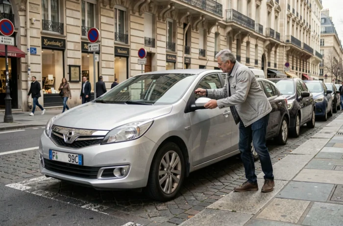 Homme manœuvrant une voiture en stationnement parallèle dans une rue parisienne avec respect des distances de sécurité