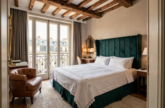 Suite élégante de l'hôtel La Fantaisie avec vue sur les toits parisiens et décoration intérieure raffinée