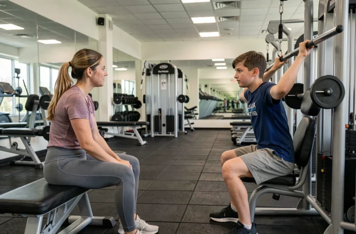 Parent supervisant son adolescent lors d'une séance dans une salle de fitness