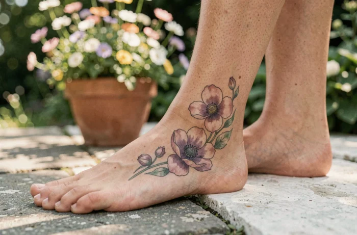 Tatouage anémone aquarelle en couleurs pastels sur la cheville d'une femme, posé sur une pierre de jardin avec végétation en arrière-plan