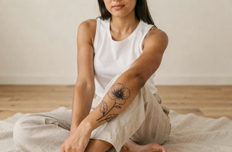 Tatouage anémone en encre noire sur l'avant-bras d'une femme, dessin botanique détaillé aux lignes fines, style réaliste et minimaliste