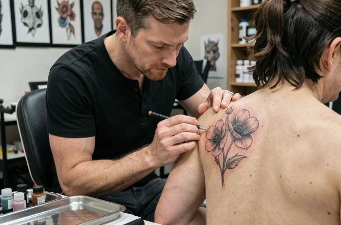 Tatoueur au travail appliquant un tatouage anémone réaliste en noir et gris sur l'omoplate d'une cliente dans un studio professionnel