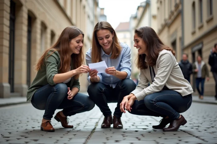 Trois collègues analysant un indice en plein air dans le centre historique de Rennes lors d'une activité de team building