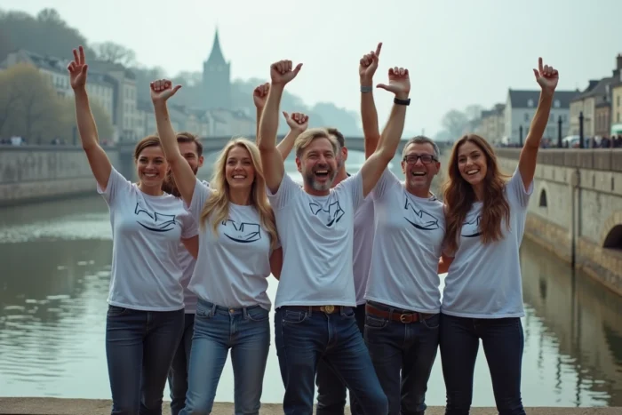 Équipe de professionnels célébrant la fin d'un défi de team building sur les bords de la Vilaine à Rennes