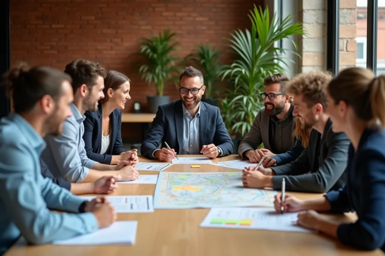 Groupe d'adultes collaborant autour d'une table lors d'un team building à Rennes dans un espace de coworking moderne