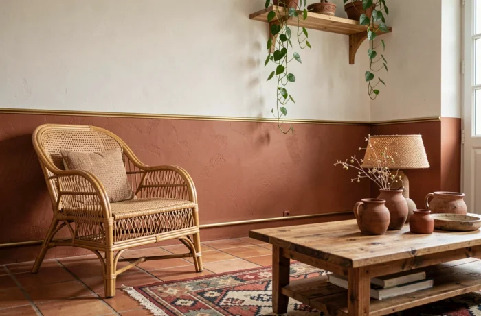 Salon chaleureux avec un soubassement en terracotta séparé par un rail en laiton et un tapis kilim coloré