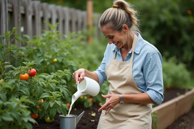 Femme versant du lait dilué dans un arrosoir près de plants de tomates dans un potager