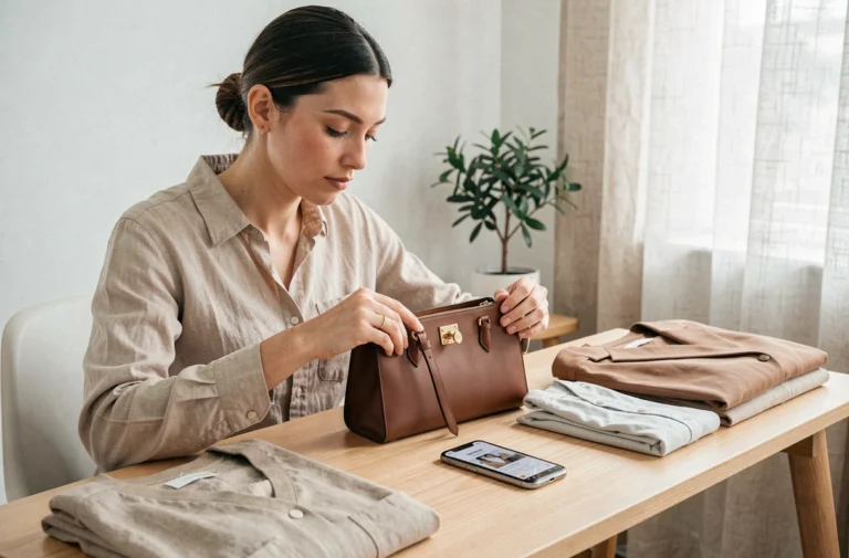 Femme inspectant un sac de luxe avant de le vendre sur Vestiaire Collective