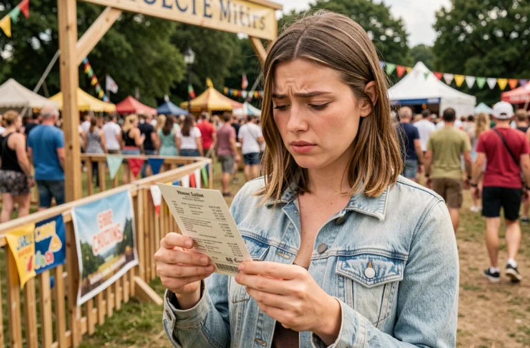 Jeune femme examinant attentivement un billet papier du festival des Vieilles Charrues devant l'entrée du site