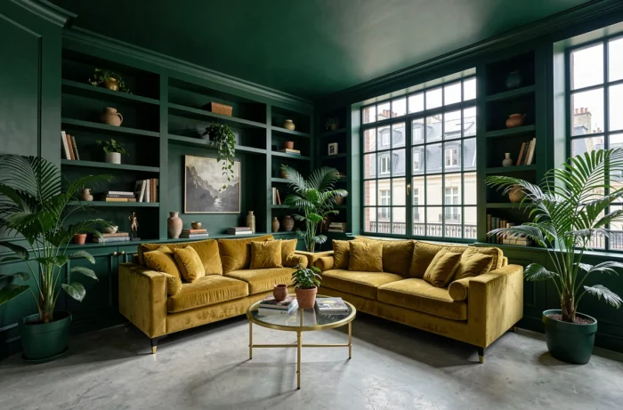 Salon en total look vert forêt sur les quatre murs avec canapé en velours jaune moutarde et détails laiton