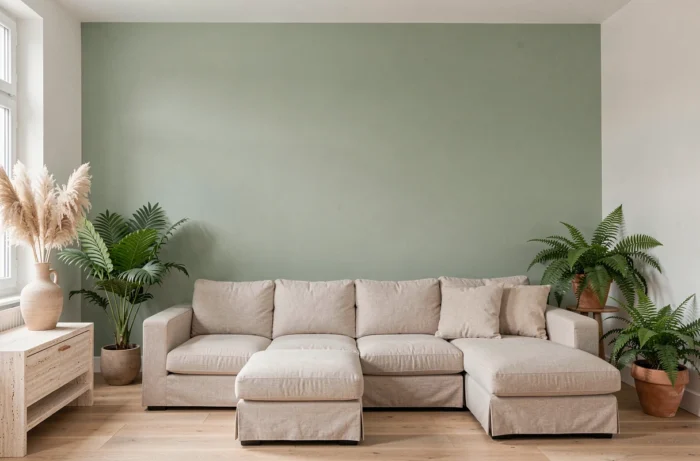 Salon avec un pan de mur unique peint en vert sauge contrastant avec les murs blancs et un canapé en lin naturel