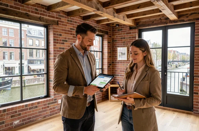 Professionnels immobiliers en visite dans un appartement rénové avec vue sur canal à Anvers pour estimation de bien