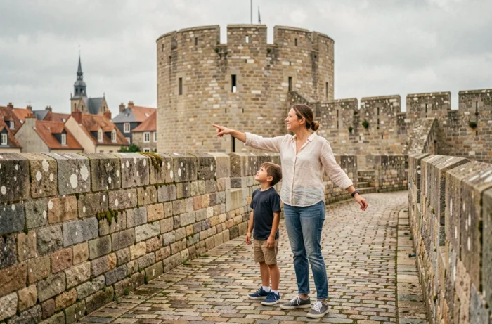 Mère et enfants découvrant les remparts médiévaux d'une ville bretonne historique