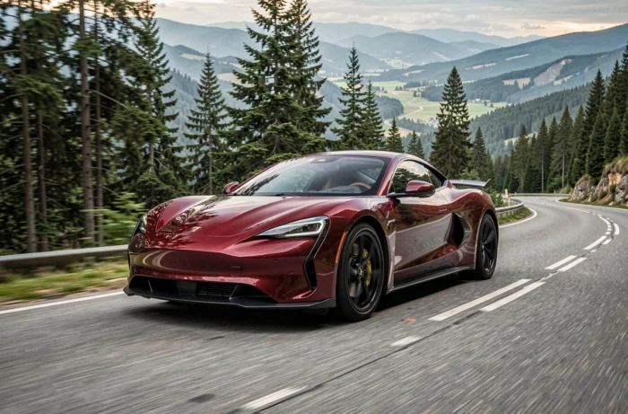 Voiture de sport électrique rouge foncé en conduite dynamique sur une route de montagne sinueuse entourée de forêt de pins
