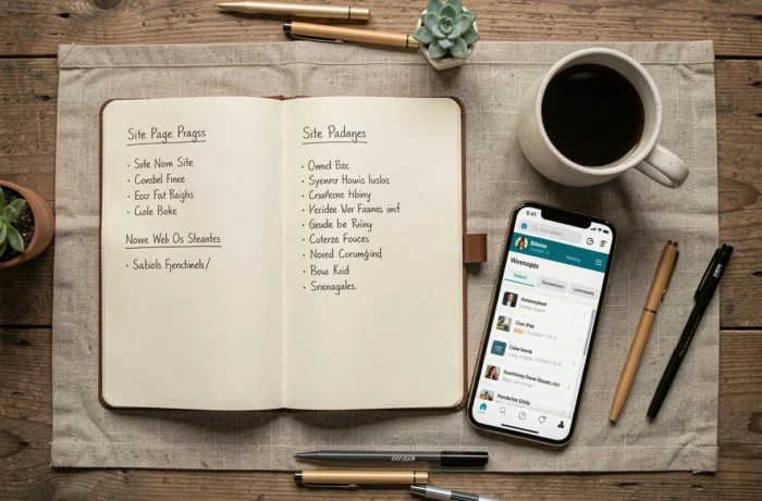 Vue aérienne d'un espace de travail avec carnet et smartphone affichant la liste des pages d'un site web