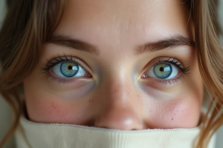 Gros plan extrême sur des yeux bleus avec anneau central ambré et hétérochromie centrale visible chez une jeune femme