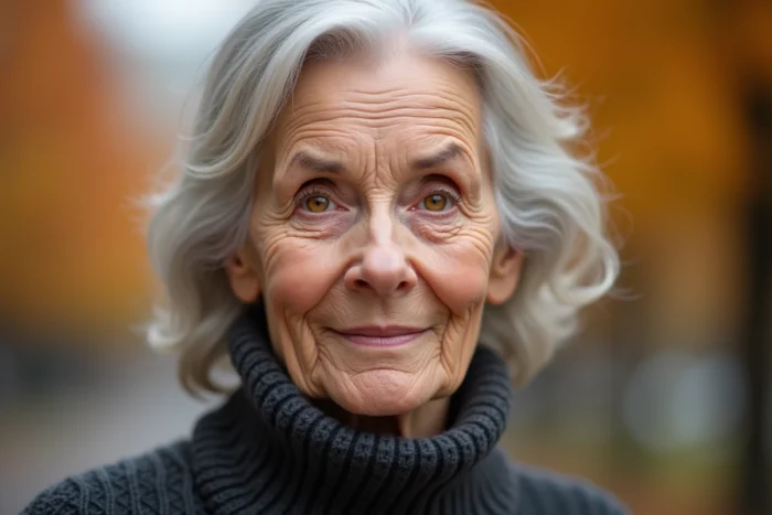 Portrait d'une femme âgée aux yeux jaunes ambrés en extérieur avec feuillage automnal en arrière-plan flou