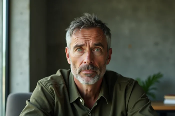 Portrait 3/4 d'un homme aux yeux verts et gris avec détails réalistes de l'iris dans un intérieur moderne